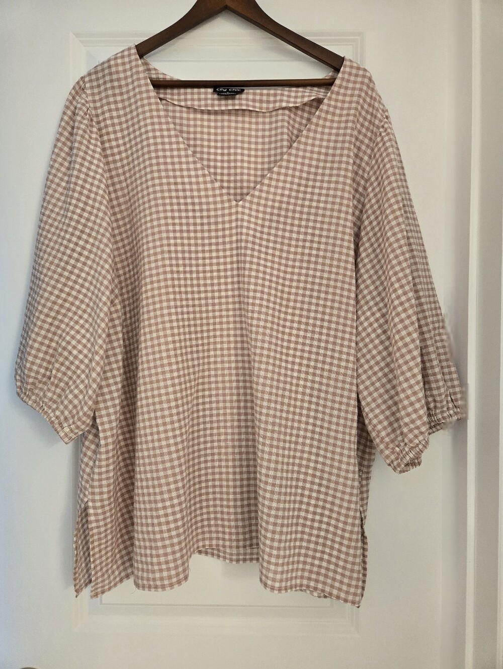 City Chic Tan/Brown Gingham V-Neck Tunic
